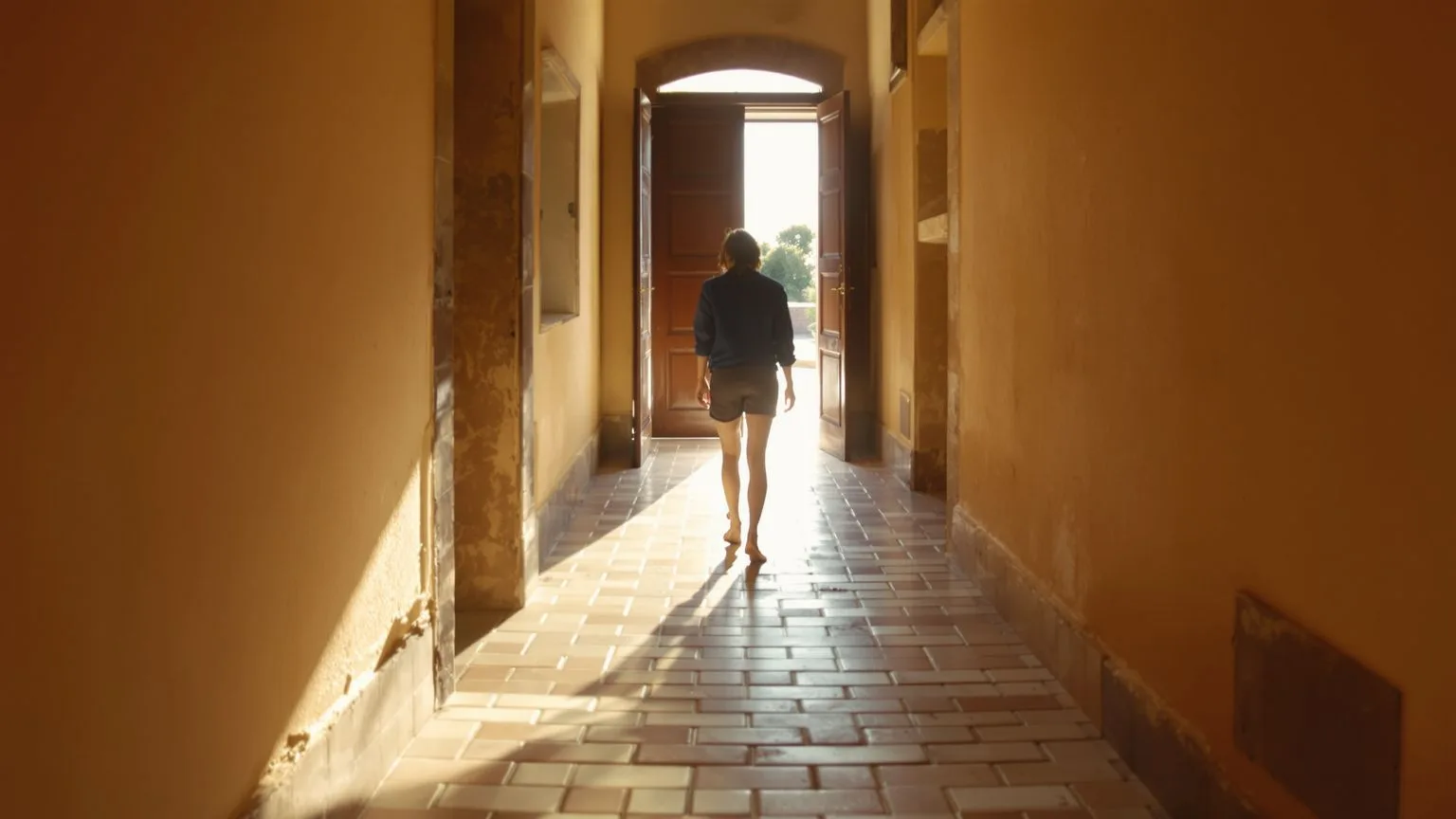 Bare feet stepping through a sunlit corridor toward an open door representing a somatic grounding practice path