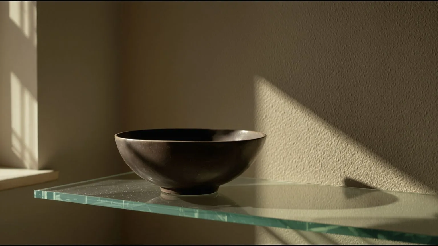 Heavy ceramic bowl on a thin glass shelf symbolizing mismatch in somatic grounding techniques
