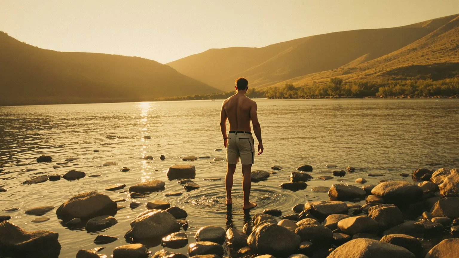 Man standing barefoot on river stones practicing somatic grounding techniques at golden hour with tense shoulders easing