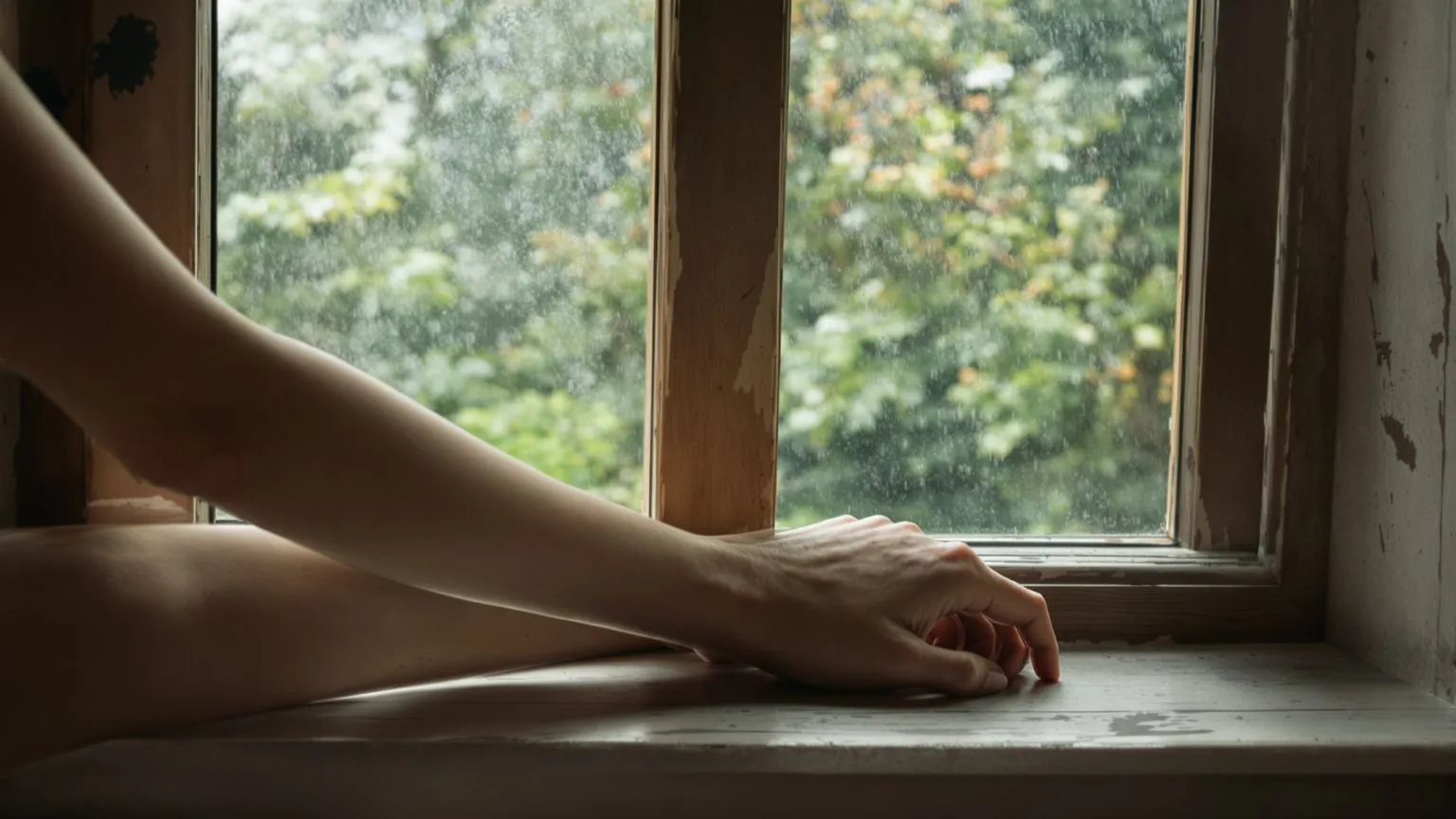 Relaxed forearms resting on a wooden windowsill showing body softening after somatic grounding practice