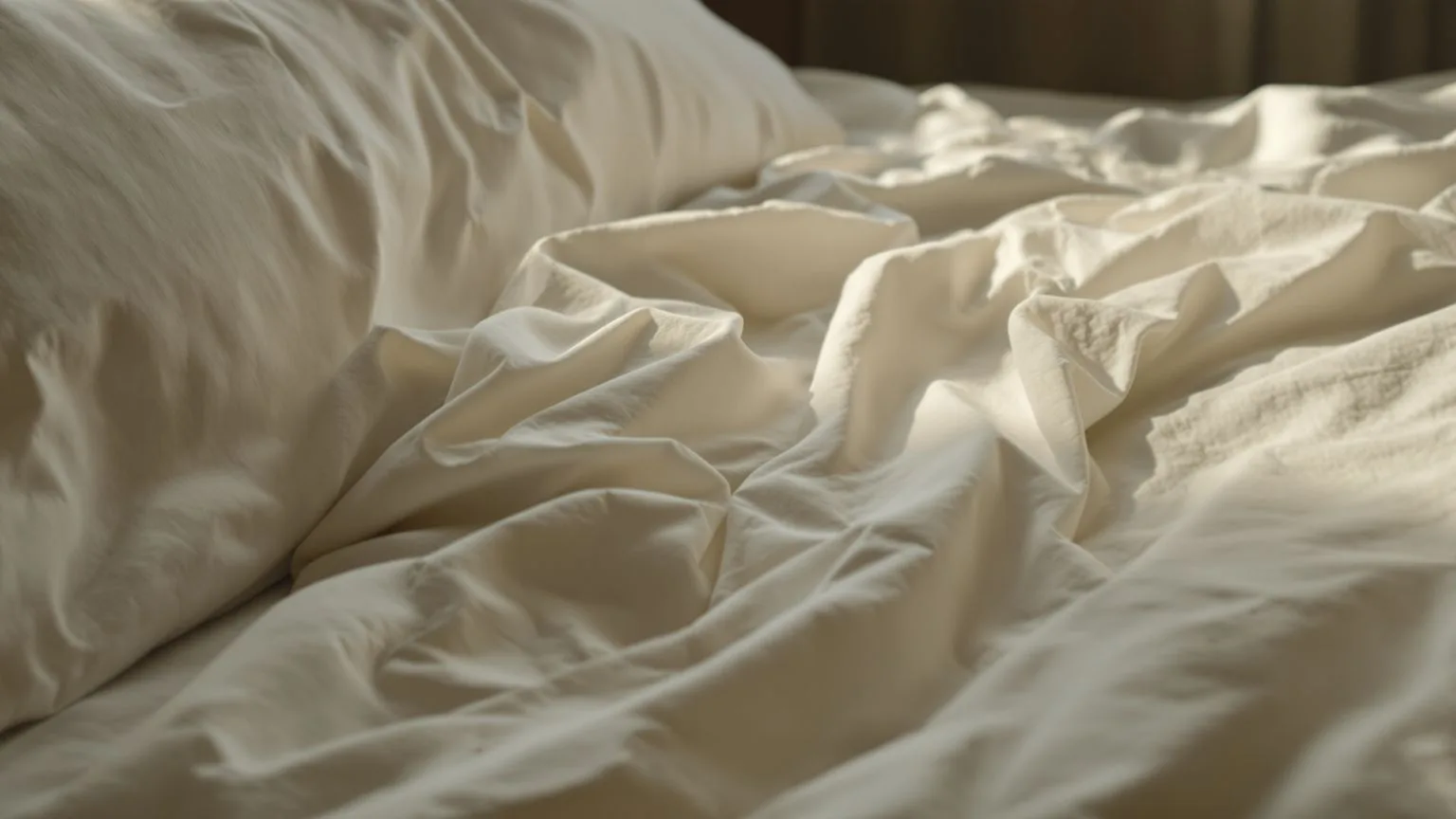 Crumpled linen bedsheets with body impression in morning light showing why recovery from burnout feels worse first