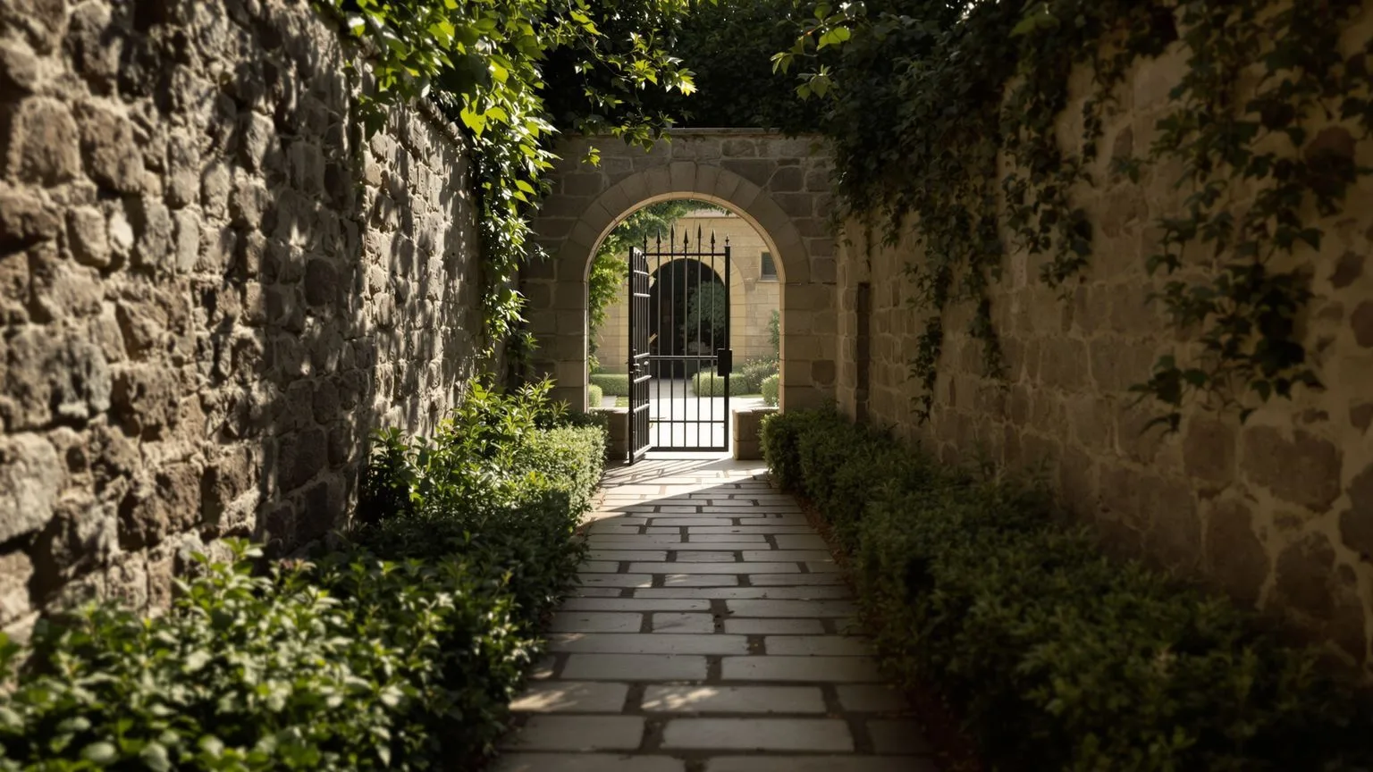 Stone garden pathway through open gate in morning light showing what changed after burnout reset