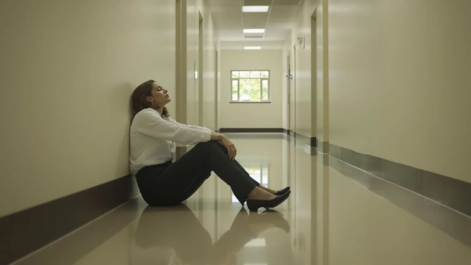 Woman in professional clothes sitting on hallway floor during recovery from burnout, eyes closed in deliberate rest