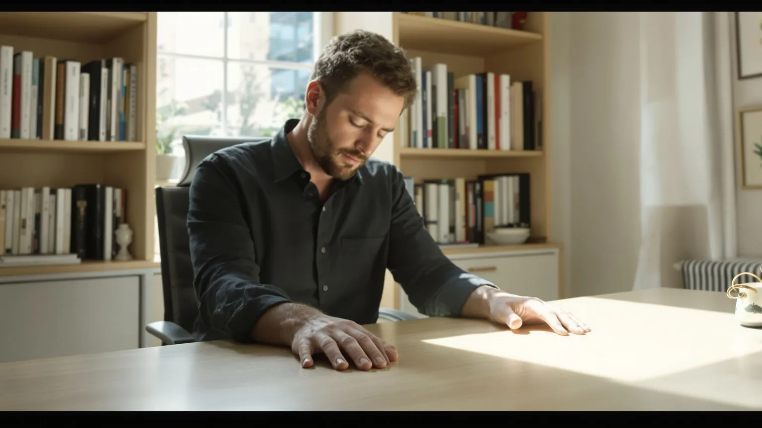Man practicing somatic practices for nervous system regulation with palms pressed flat on desk in natural light