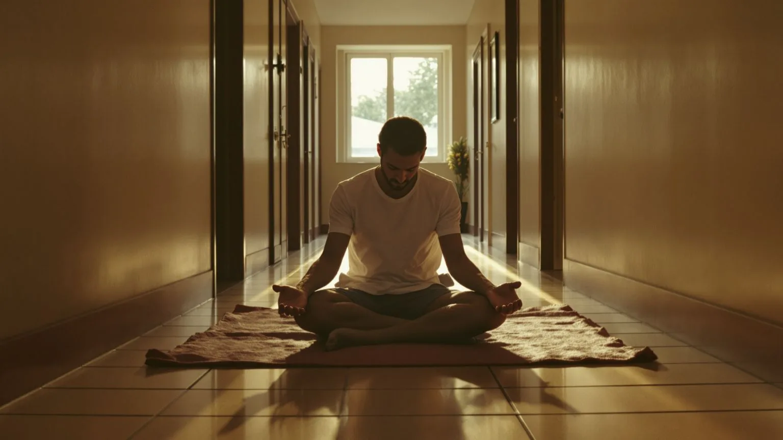 Man in a gentle seated fold on a sunlit hallway floor practicing a calm body-first somatic yoga practice at home