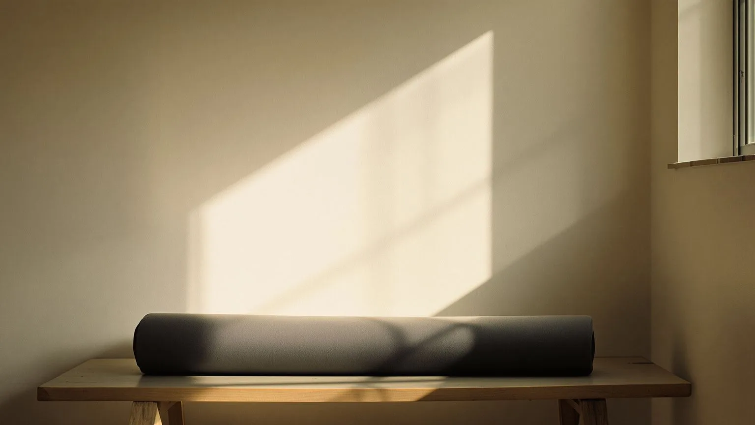 Untouched yoga mat on a wooden bench in soft window light representing what somatic yoga actually is versus traditional yoga