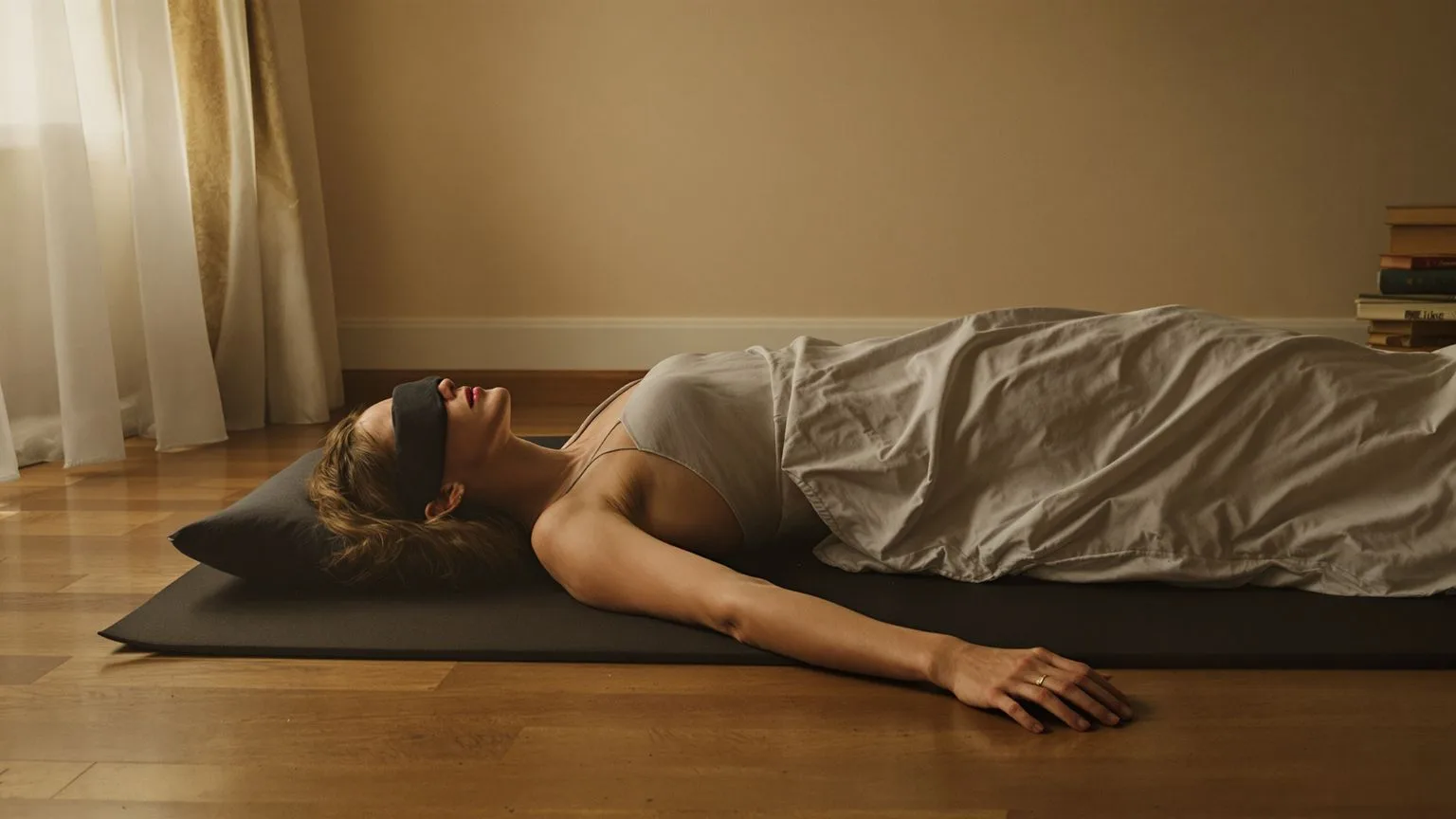 Woman lying on a mat with palms down and eyes covered practicing somatic yoga as a clear next step tonight