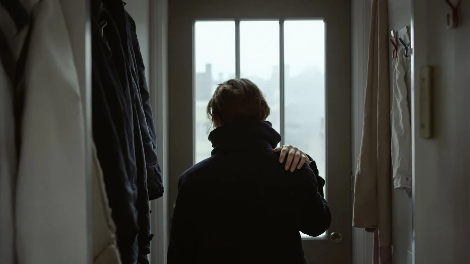 Woman standing still among heavy coats in an entryway showing why people try yoga and still feel stuck