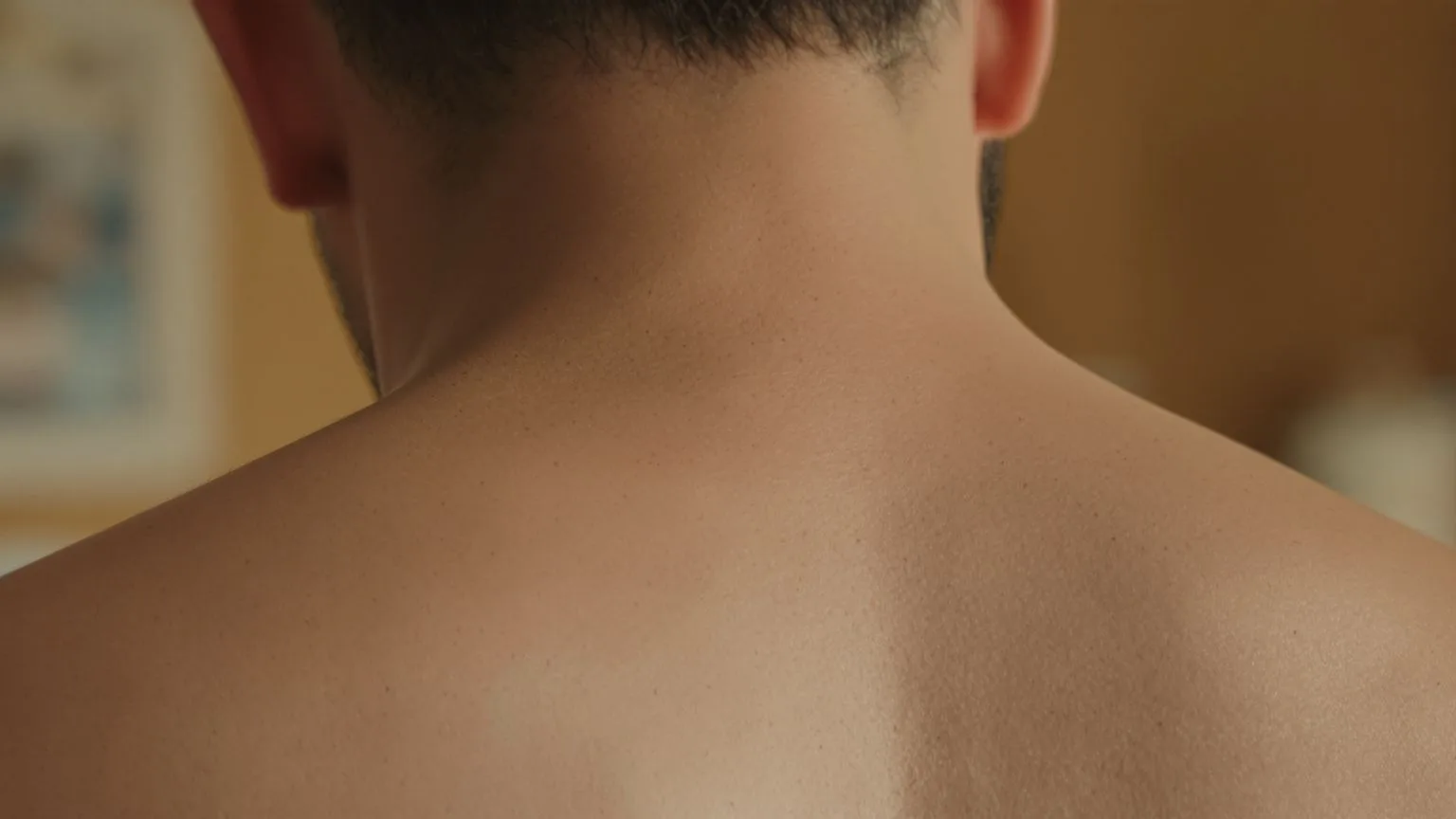 Close-up of tense neck and shoulder muscles showing body tension that yoga somatic addresses