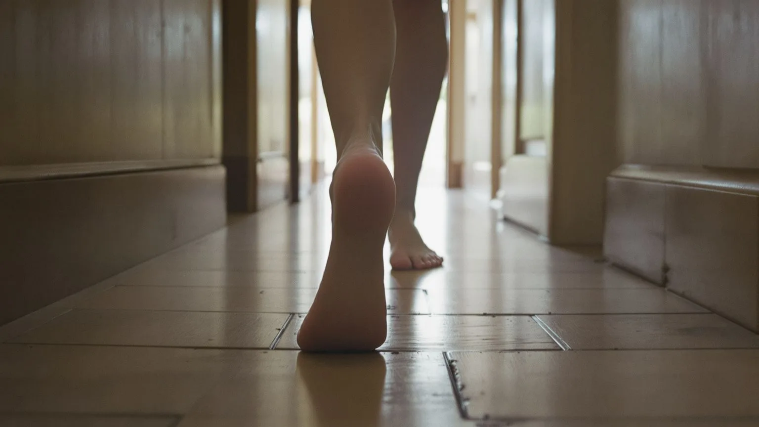 Bare feet mid-step on a wooden hallway floor moving toward light, showing what softens in the body a Bare feet mid-step on a wooden hallway floor moving toward light, showing what softens in the body at a turning point