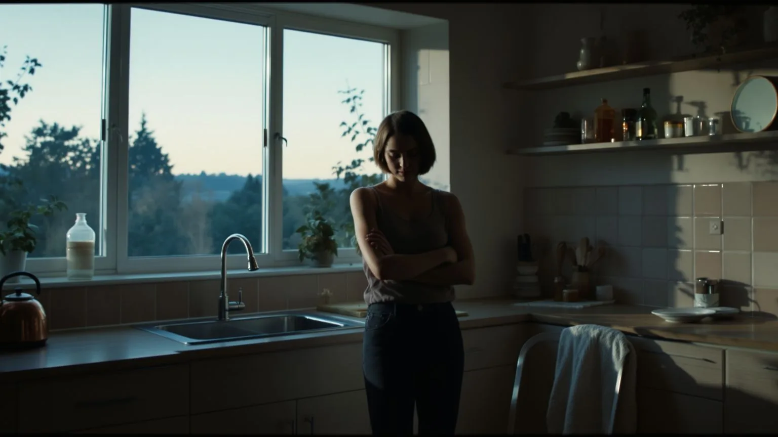 Woman bracing her body in a quiet kitchen at dusk, illustrating somatic exercises for nervous system Woman bracing her body in a quiet kitchen at dusk, illustrating somatic exercises for nervous system starting point