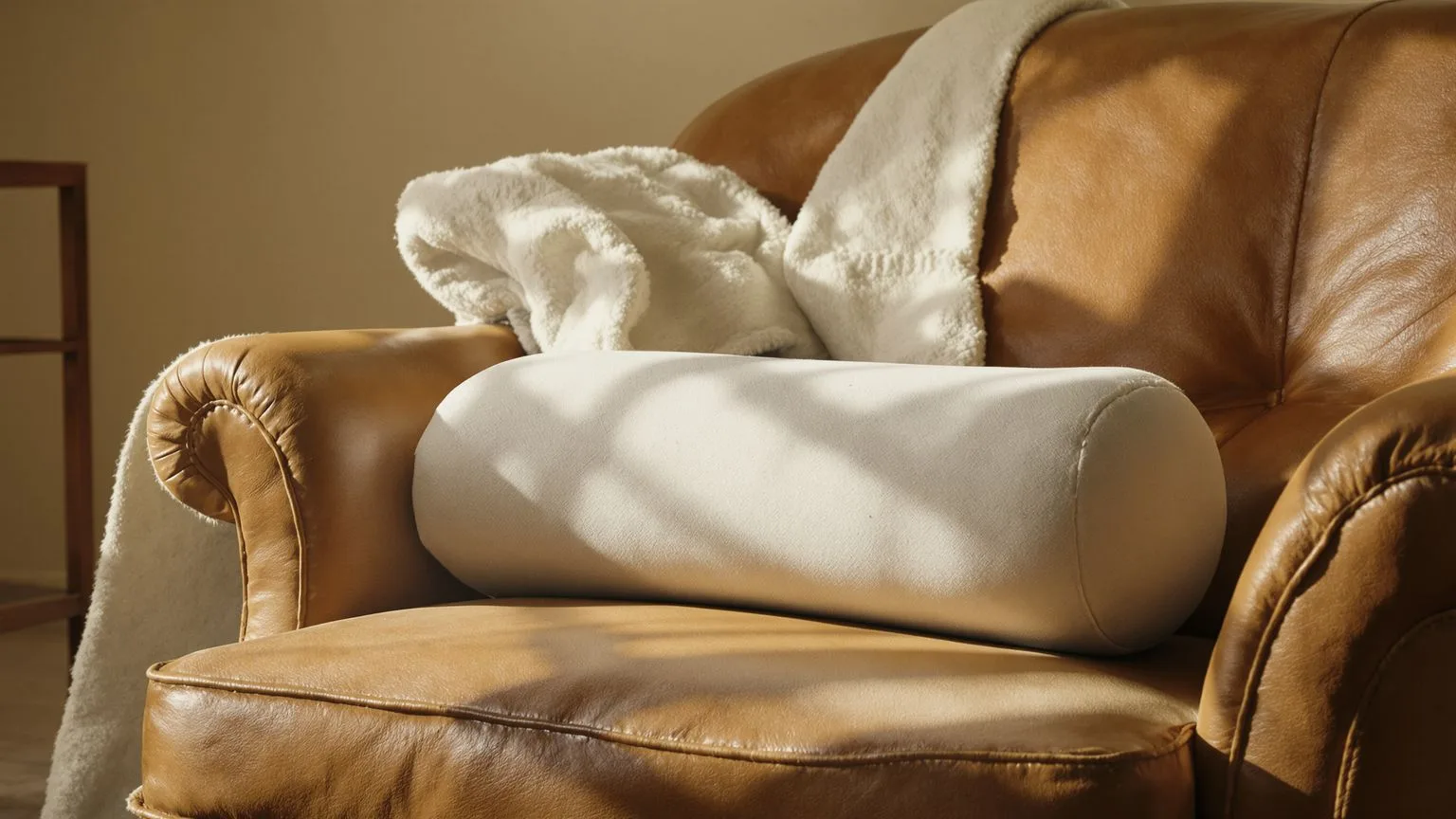 Wool blanket and bolster cushion on a leather chair offering simple body support for nervous system Wool blanket and bolster cushion on a leather chair offering simple body support for nervous system relief
