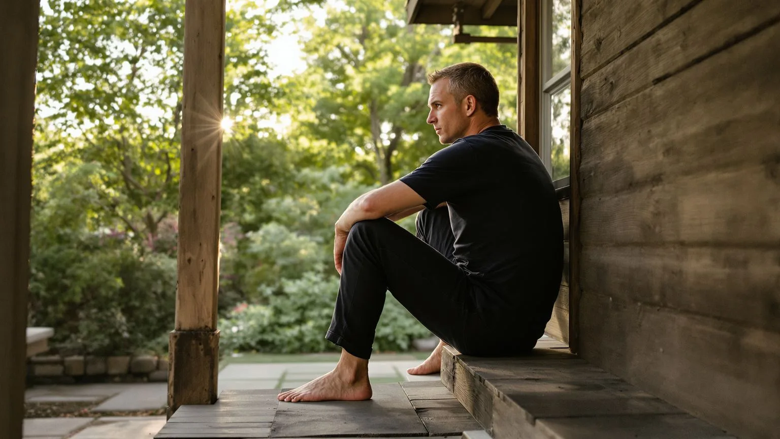 Man sitting relaxed on a porch step in morning light after somatic practice showing what changed and softened