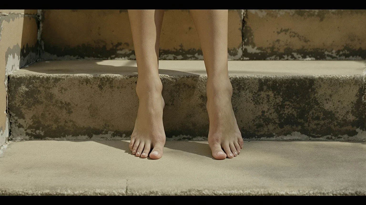 Bare feet paused on concrete steps showing the body halting when emotional exhaustion demands rest