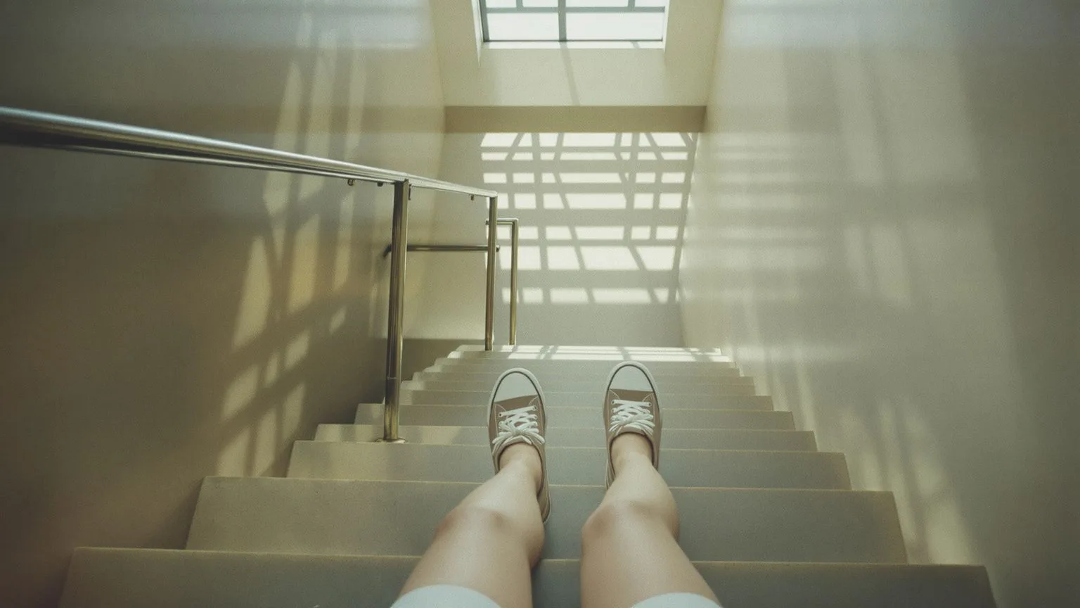 Person paused mid-step on concrete stairwell landing in natural light, showing what changes after imposter doubt stops feeling like proof
