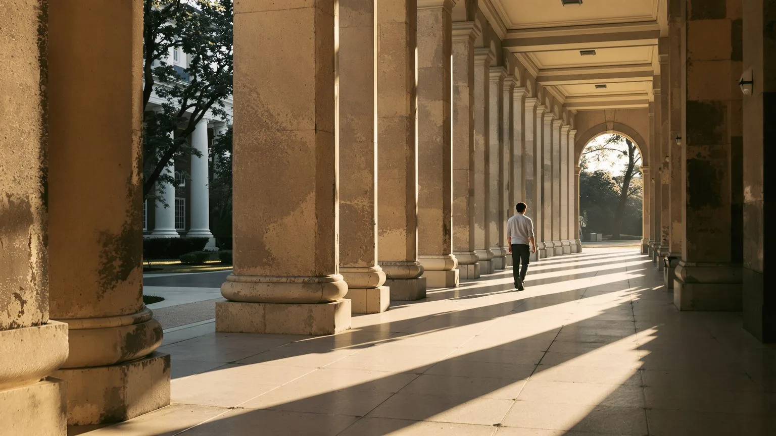 Person walking through sunlit university colonnade with relaxed posture, embodying relief when short scripts work under high stress