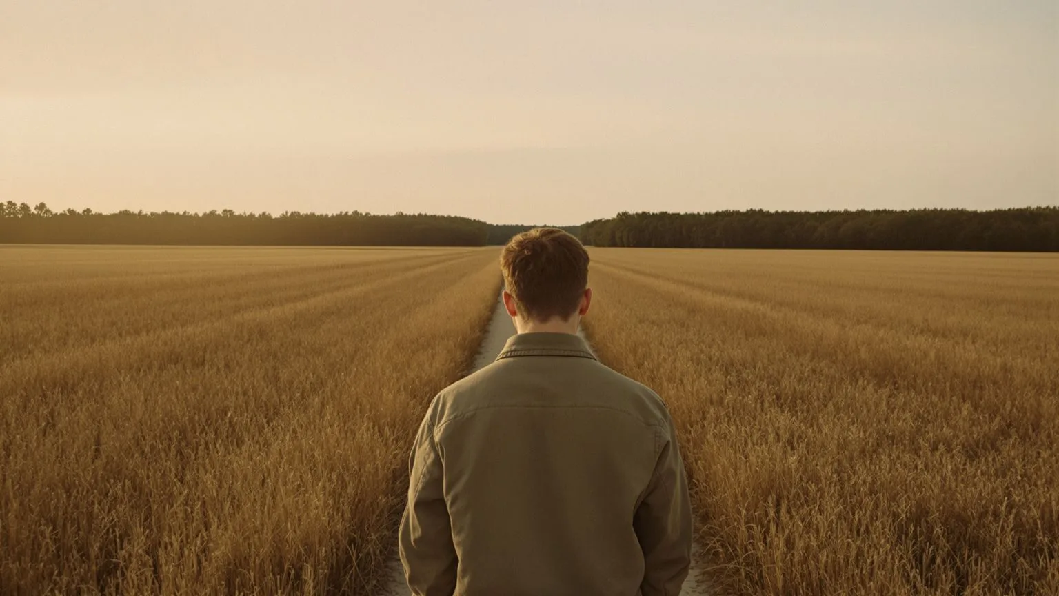 Young person standing at edge of open field facing a distant path, capturing the inner tension of imposter syndrome in college