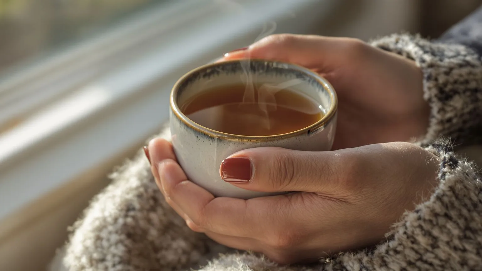 Hands gently holding warm ceramic cup at dawn embodying the definition of self compassion
