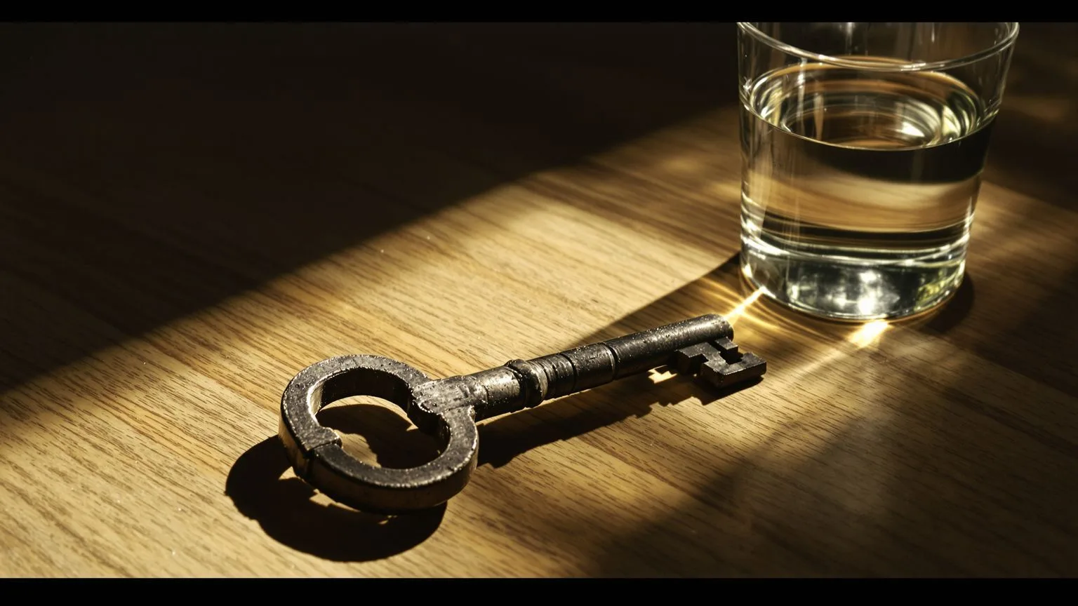 Iron key and glass of water on wooden table illustrating what self compassion is not