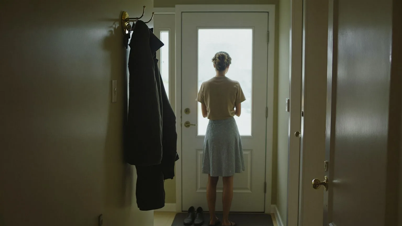 Person standing rigidly in perfectly organized hallway showing hidden low self worth signs in everyday life