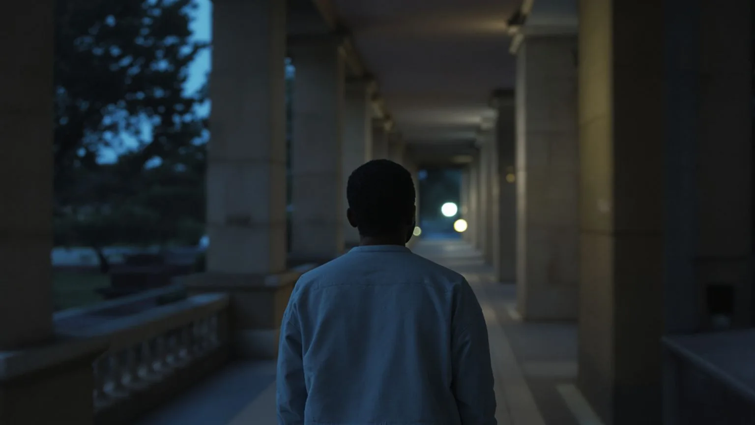 Person walking through covered corridor at twilight with relaxed throat and neck showing relief after separating inner voices
