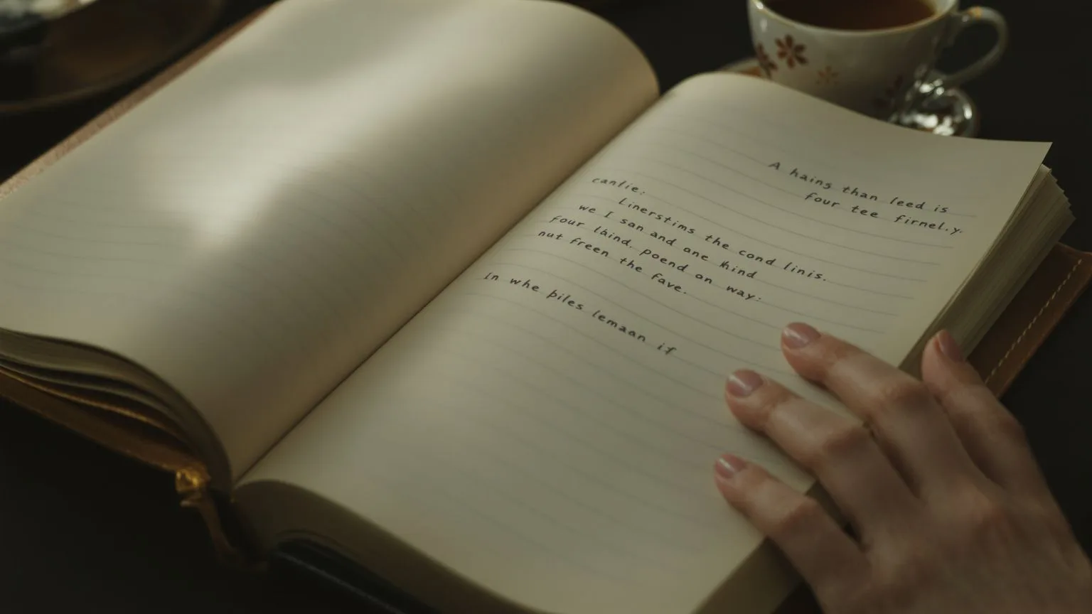 Woman's hand resting near open journal and cold tea showing the repeating pattern of low self worth