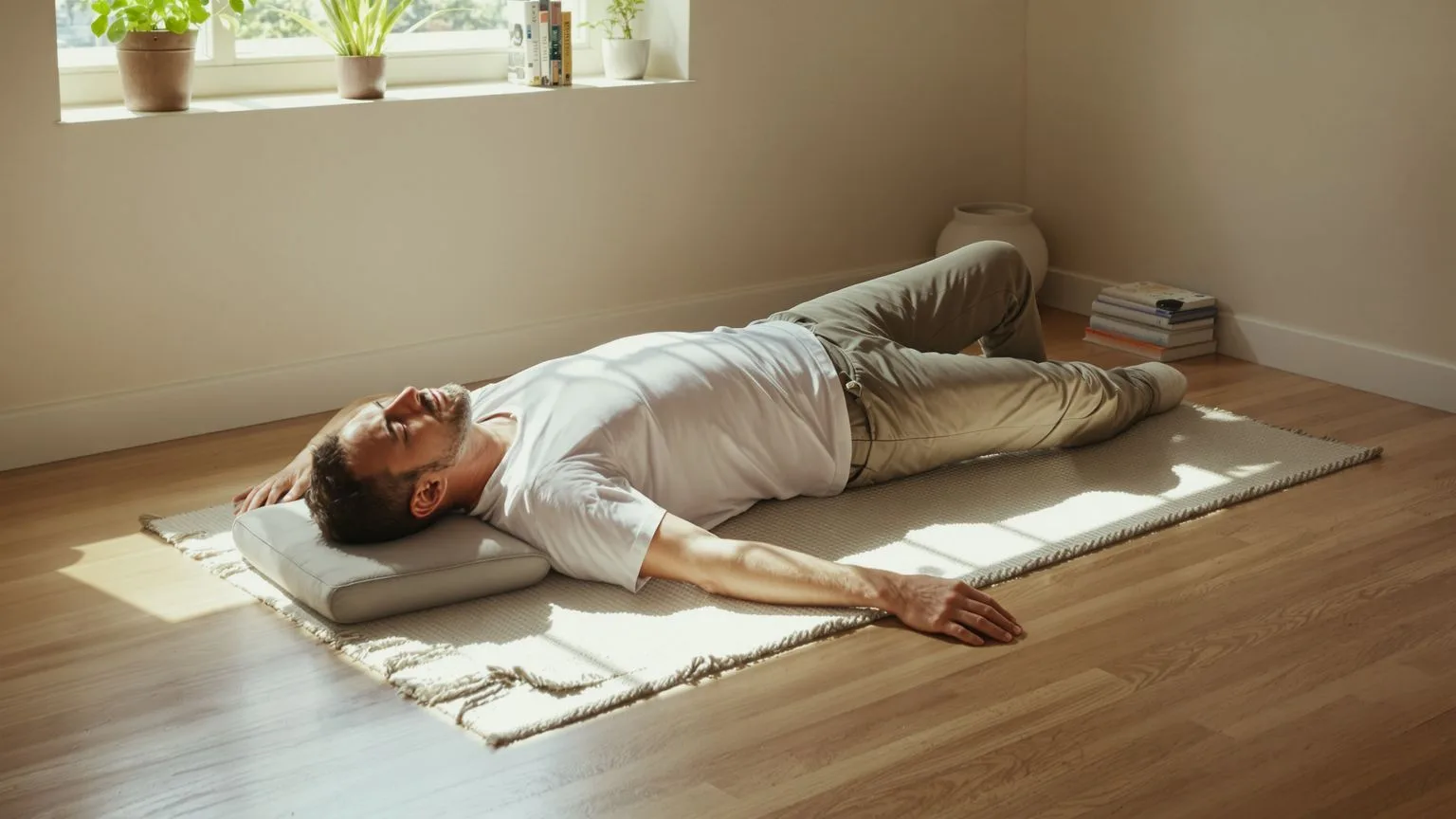 Man lying on floor with palms down during a 12-minute reset session for loneliness tonight