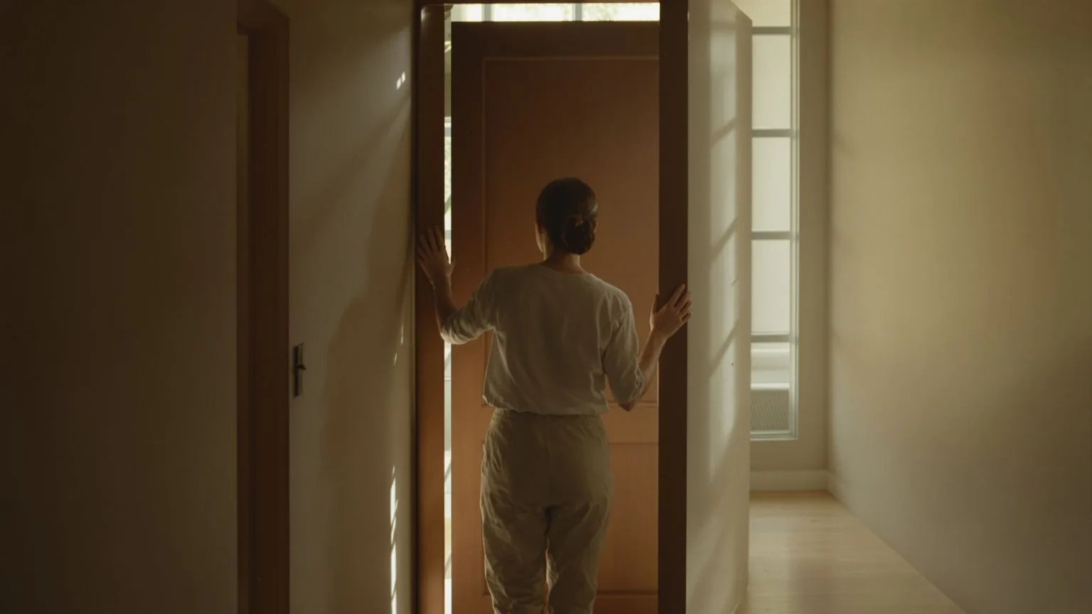 Woman stepping through doorway from darkness into morning light showing what starts to change