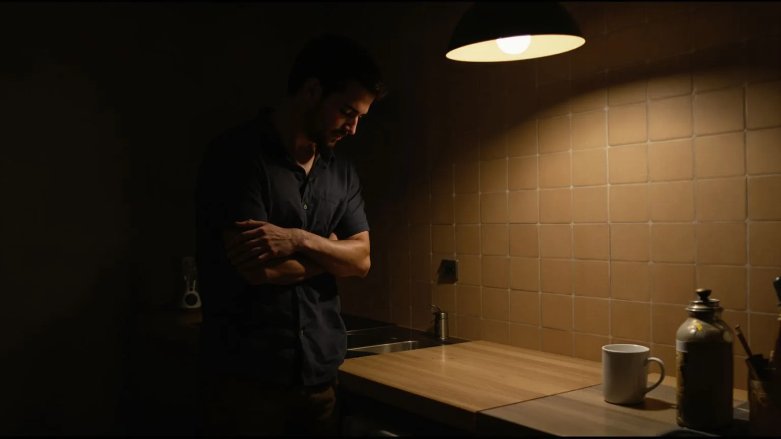 Man standing alone in warm kitchen at night learning how to fight loneliness with arms crossed over body