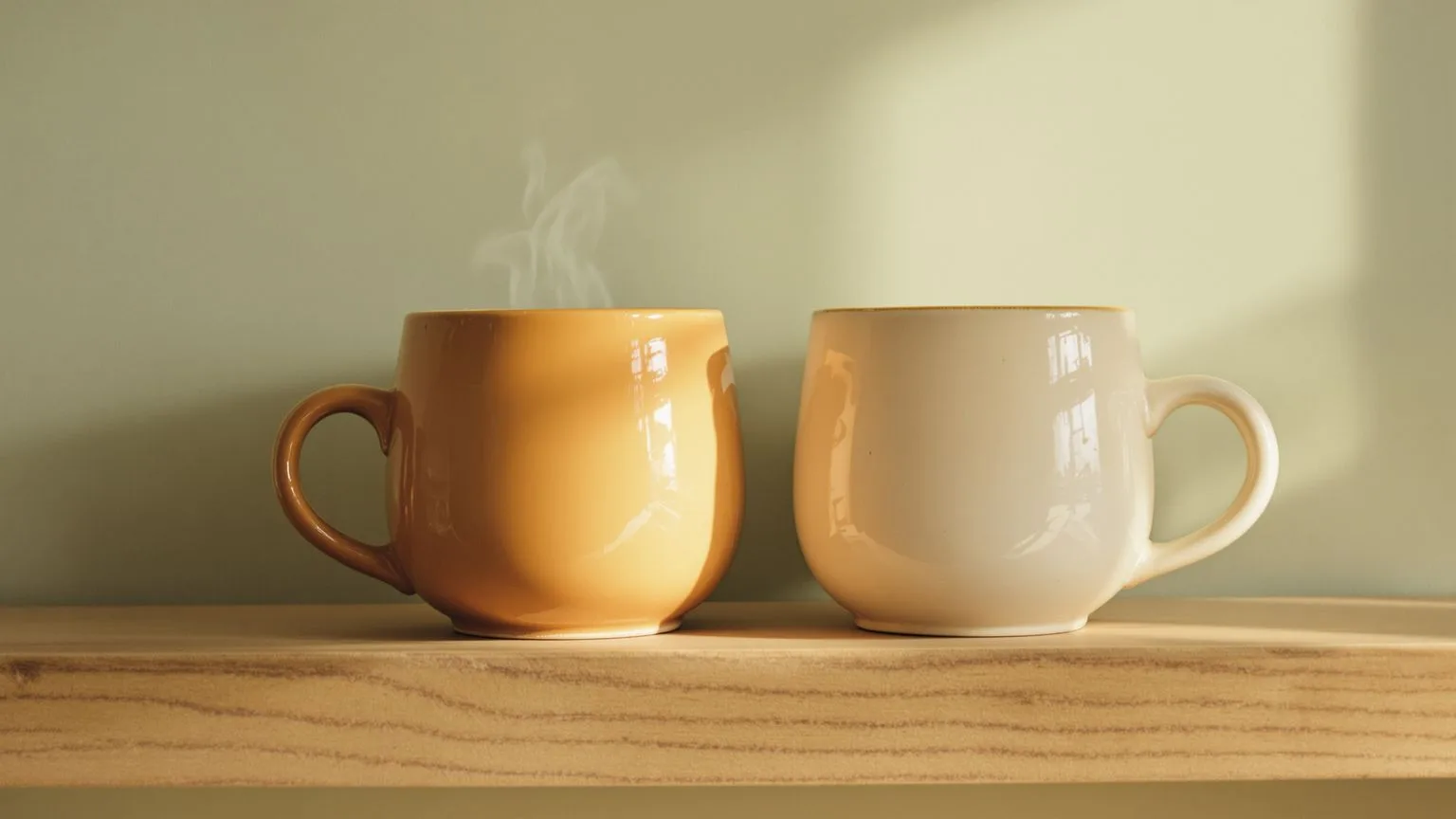 Two ceramic mugs side by side on wooden shelf in warm light representing building a connection floor not a perfect social life
