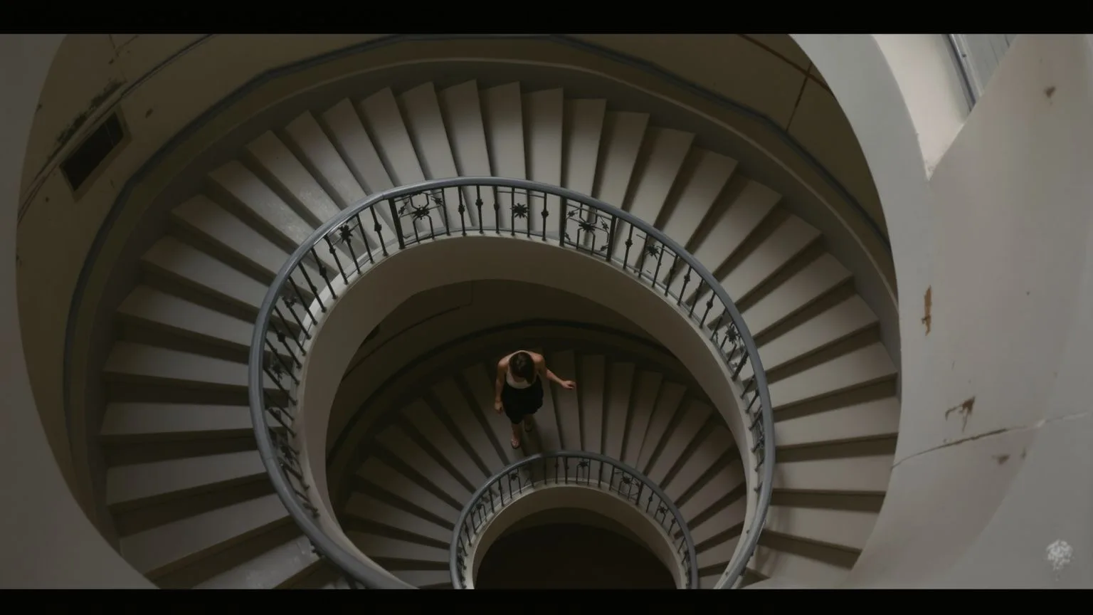 Woman descending spiral staircase in apartment building visualizing the loop that keeps deep loneliness alive