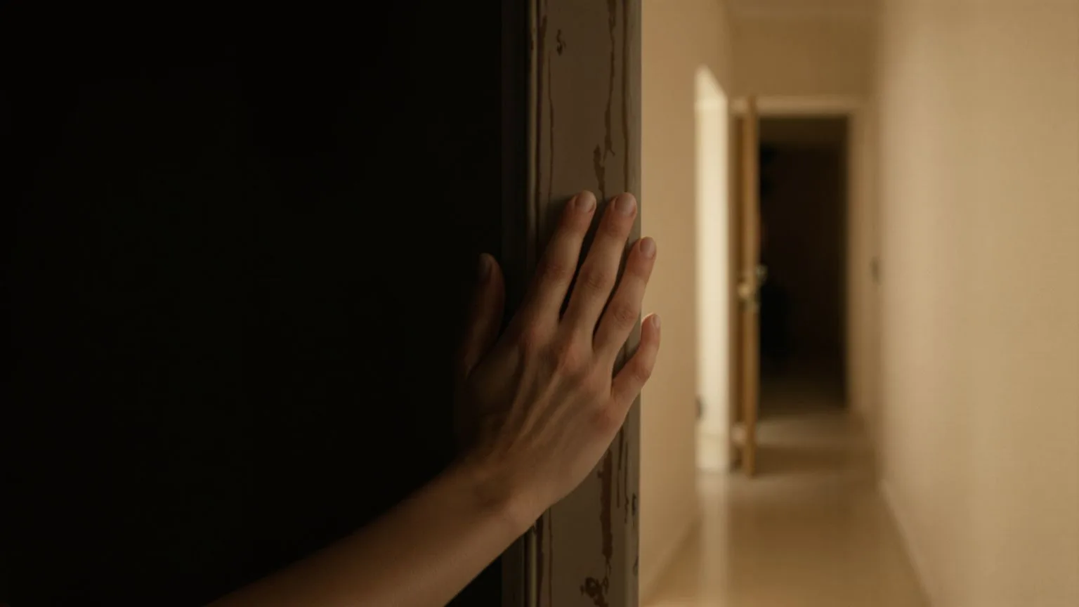 Woman pausing at doorway with hand on frame showing what changes after one honest repetition of connection