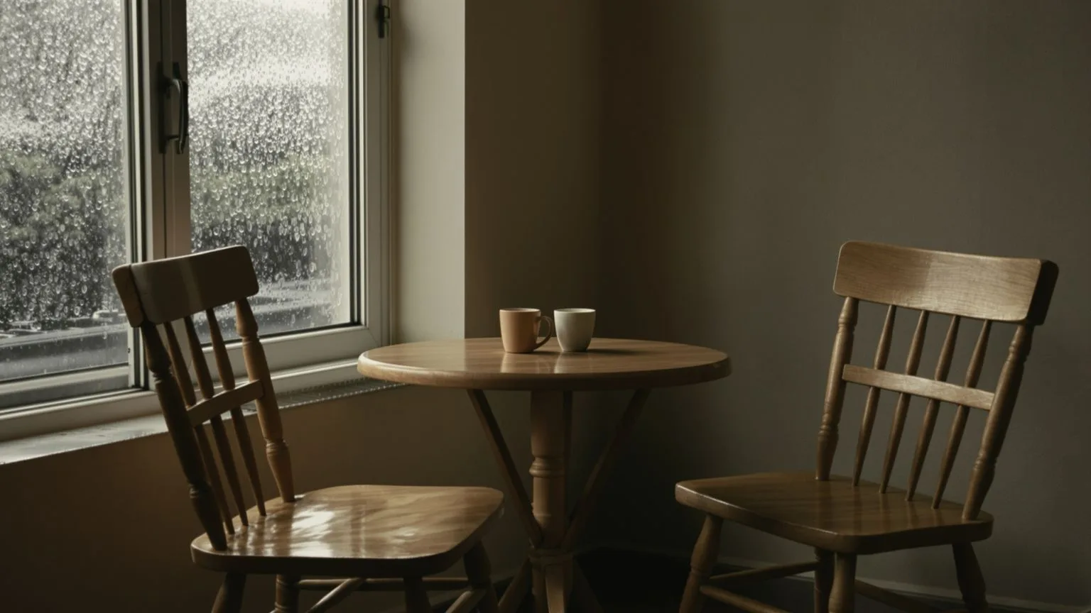 Empty chair pulled back from table near rain-streaked window showing why caring people become emotionally unavailable in love