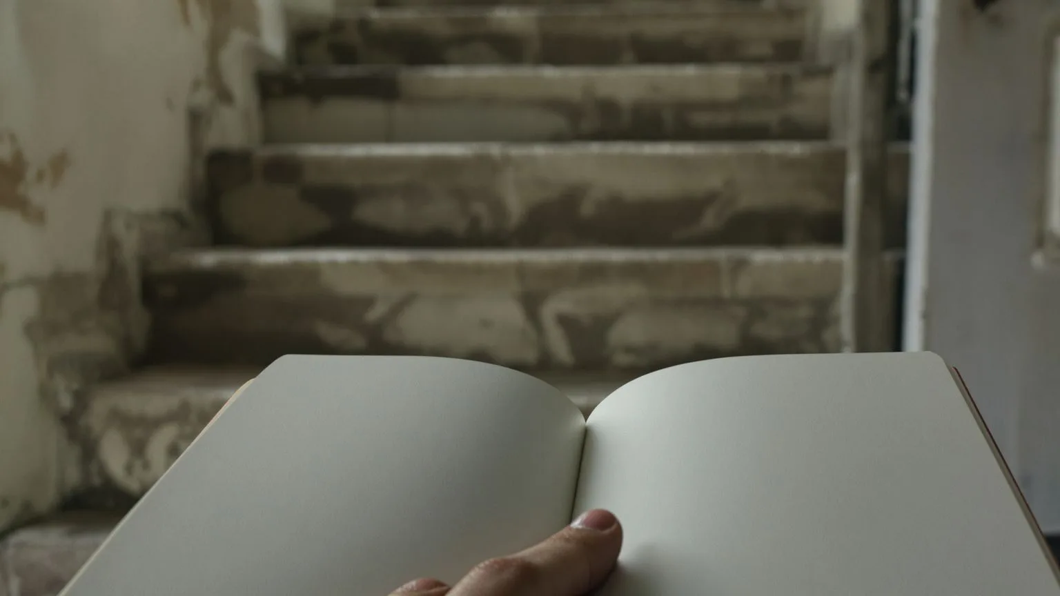 Hand hesitating above open journal page with stone steps in background, representing journal prompts for emotional healing