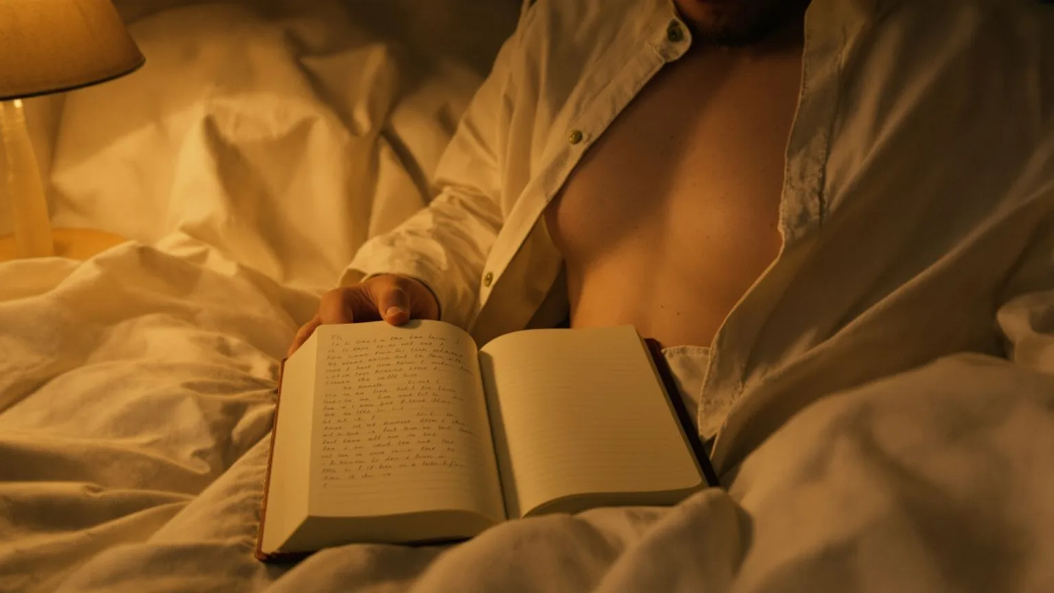 Open notebook on bedsheets beside a person's chest mid-breath during a body-first journaling practice