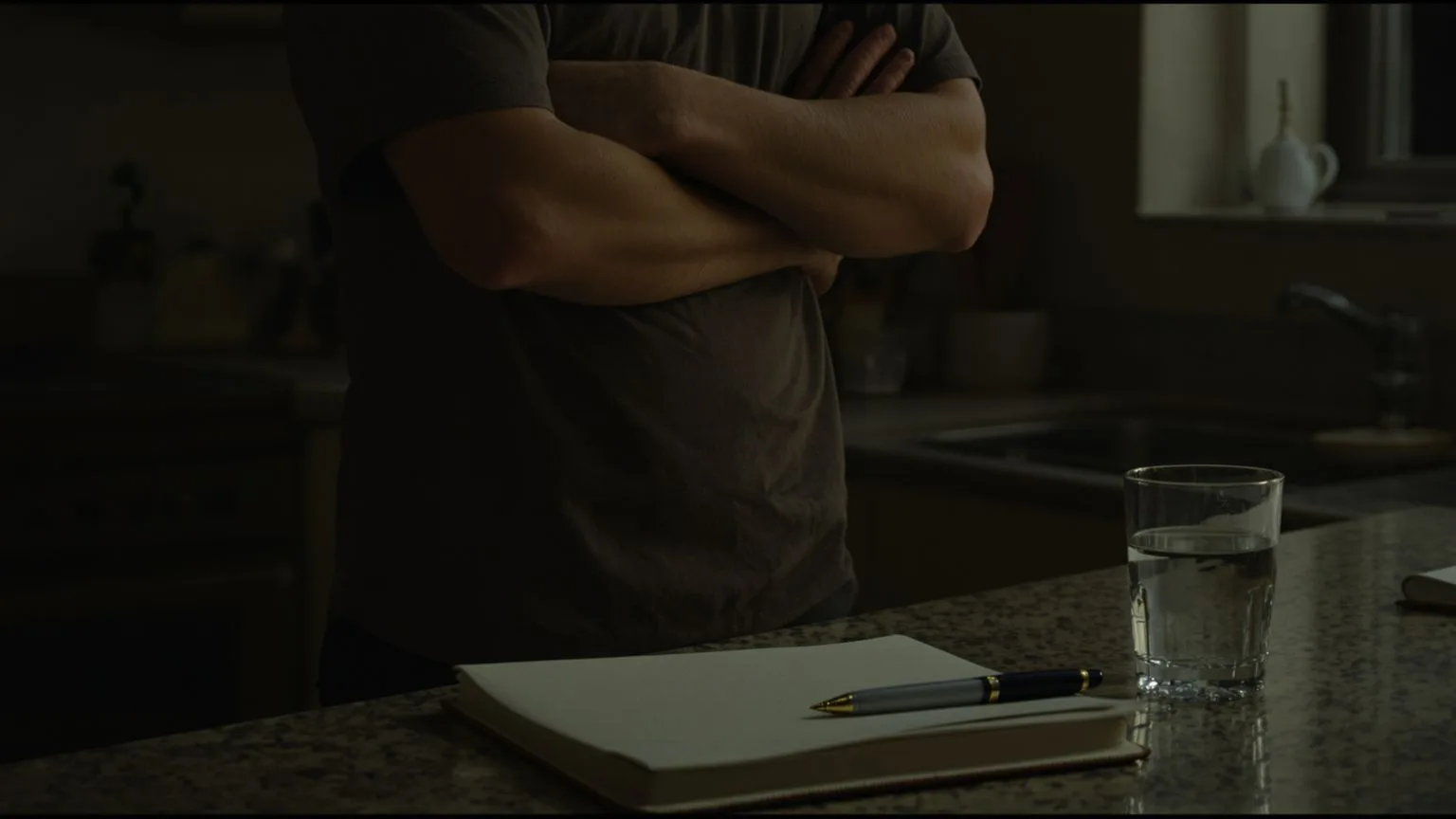 Person leaning against kitchen counter at night near notebook and pen, evoking journal prompts for emotional healing