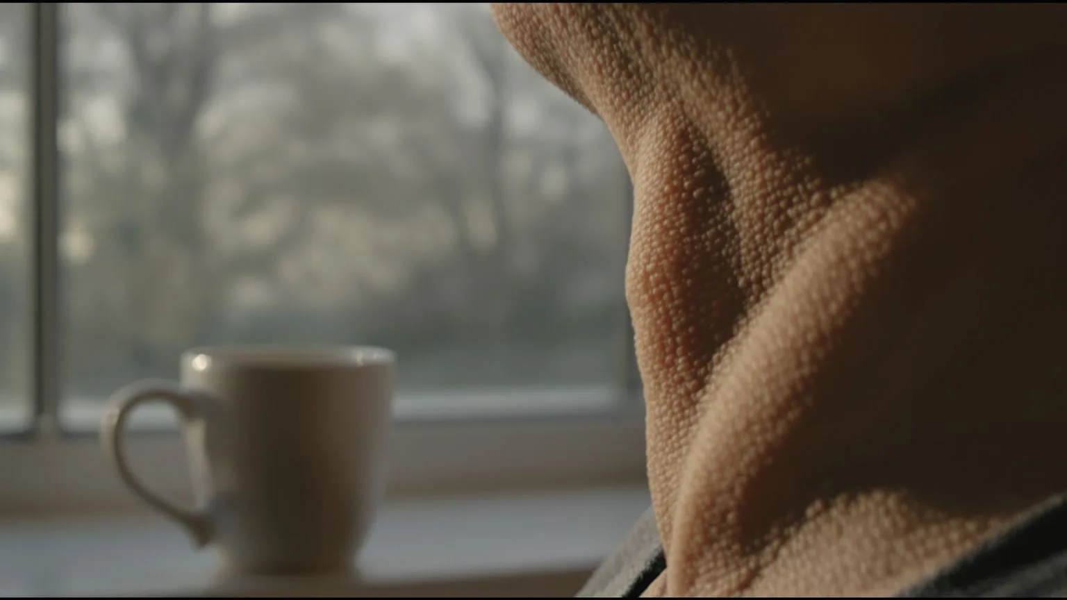 Person's relaxed throat and neck tilted back near a foggy morning window after an honest journaling session