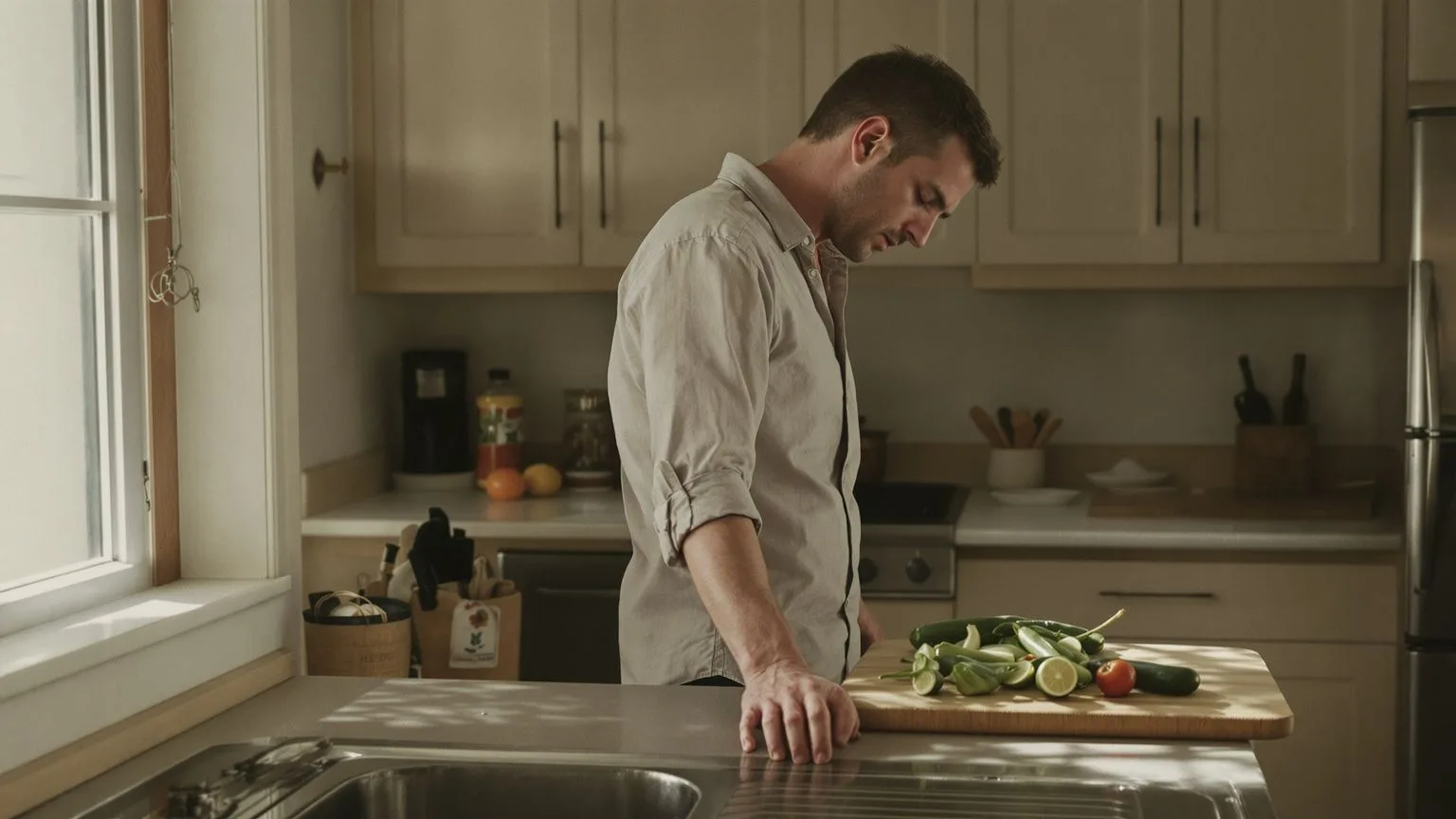 Man pausing at kitchen counter hands braced on edge showing the loop that keeps feeling like nobody cares alive