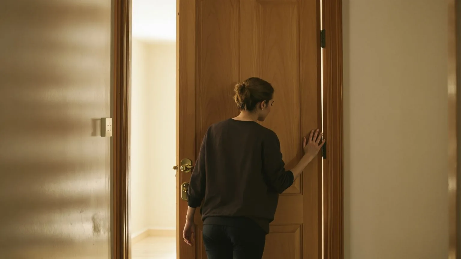Woman standing at open doorway threshold showing what shifts after one honest step toward connection