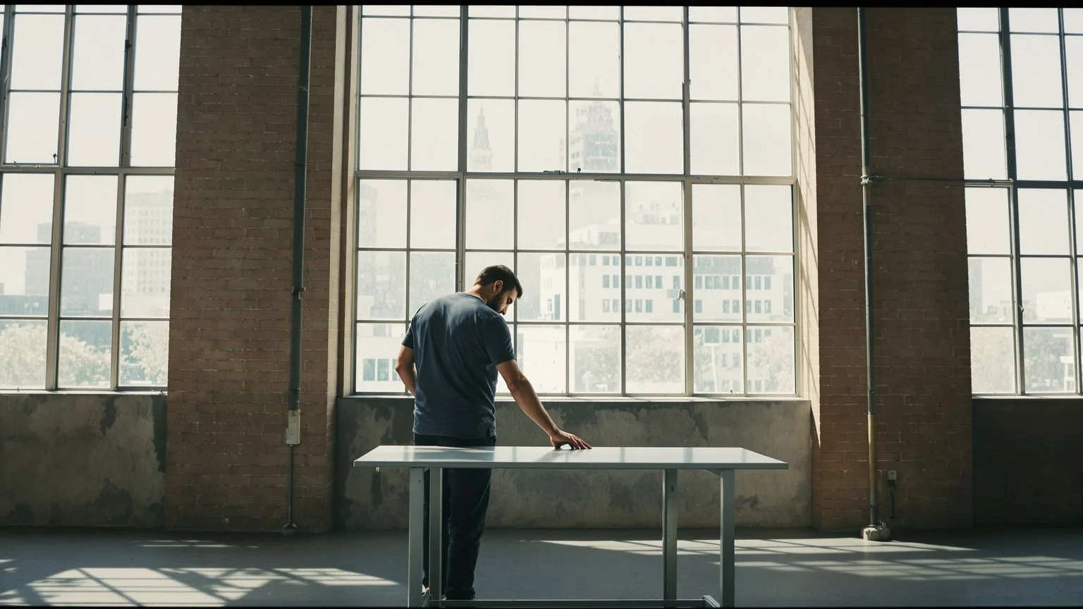 Man bottling up emotions standing at desk near industrial window with rounded shoulders and visible Man bottling up emotions standing at desk near industrial window with rounded shoulders and visible tension