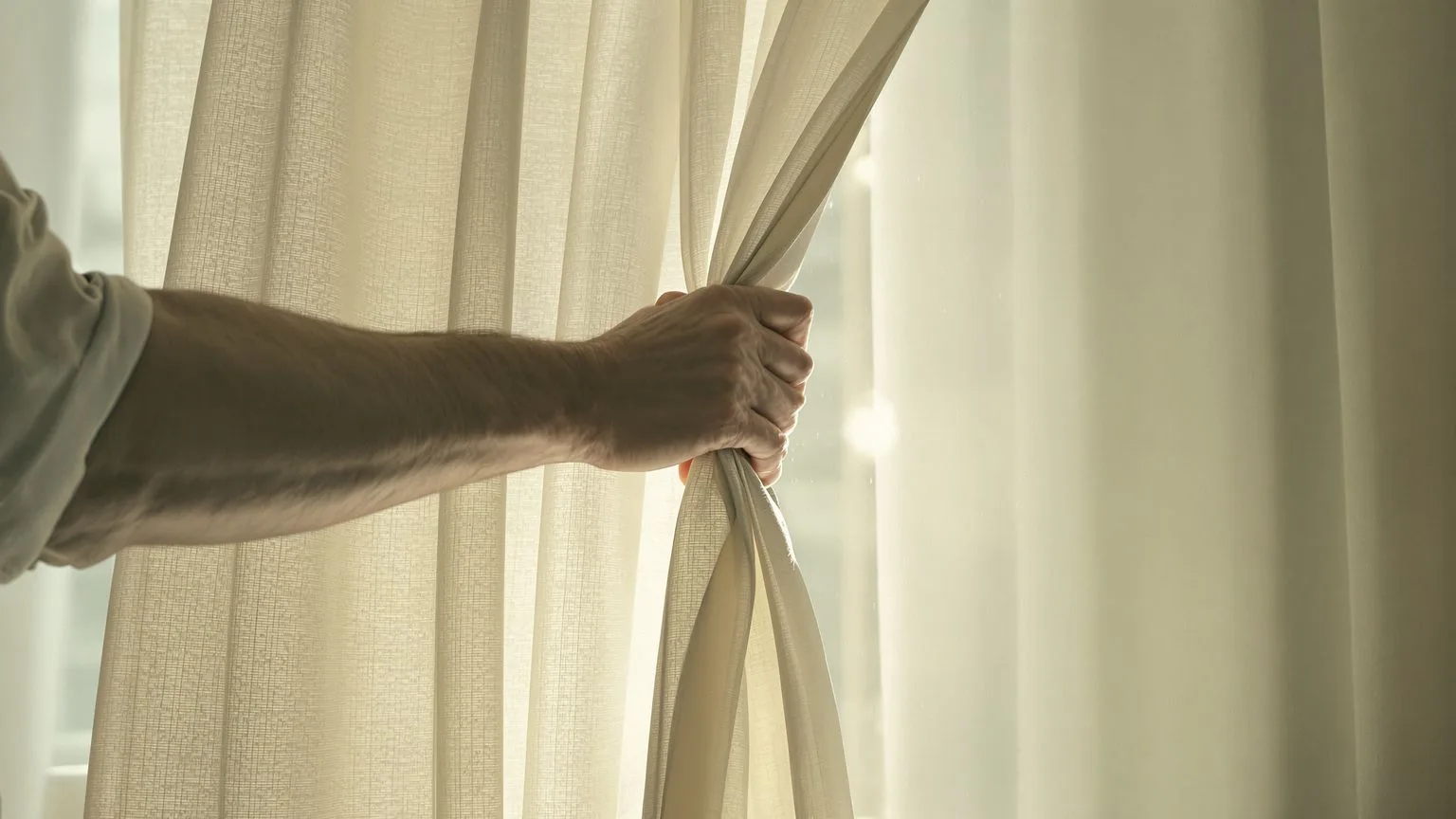 Man pulling back heavy curtain to let morning light in showing body leaning toward emotional opening Man pulling back heavy curtain to let morning light in showing body leaning toward emotional opening