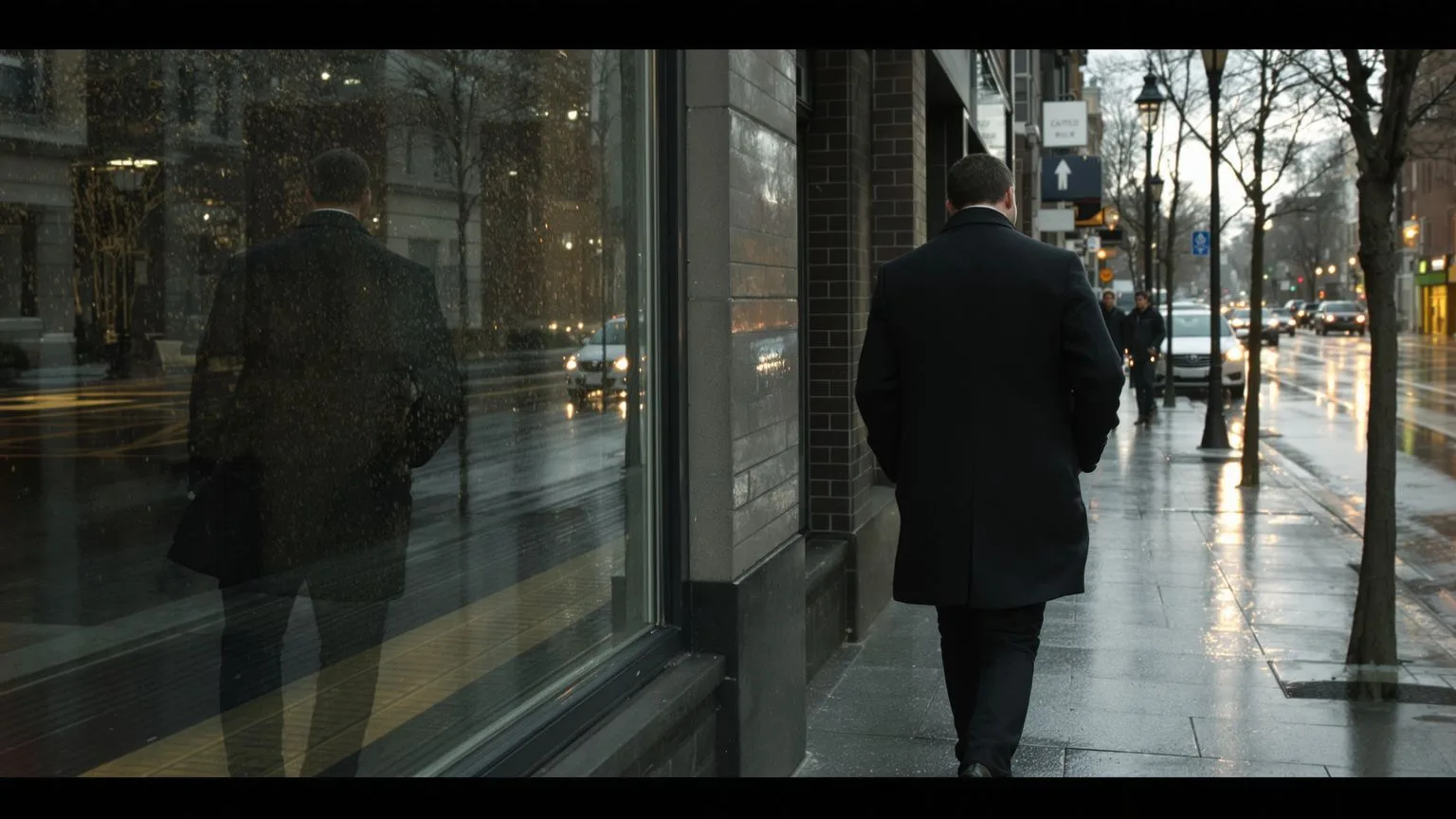 Man walking on wet sidewalk with reflection in storefront glass showing emotional suppression effect Man walking on wet sidewalk with reflection in storefront glass showing emotional suppression effects in body and posture