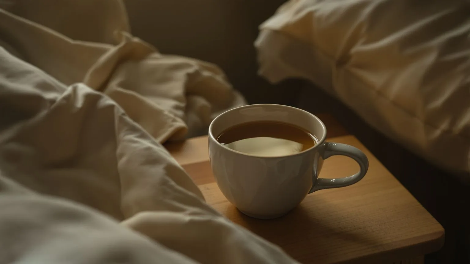 Untouched cold tea on nightstand beside rumpled pillow showing signs of bottling up emotions through Untouched cold tea on nightstand beside rumpled pillow showing signs of bottling up emotions through stillness