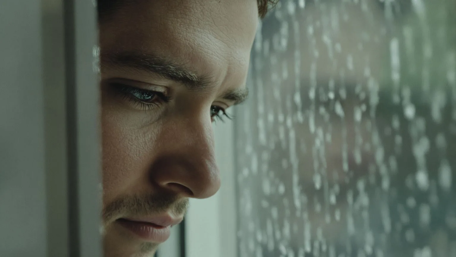 Close-up of man's eyes near rain-streaked window showing fear alive in adult relationships