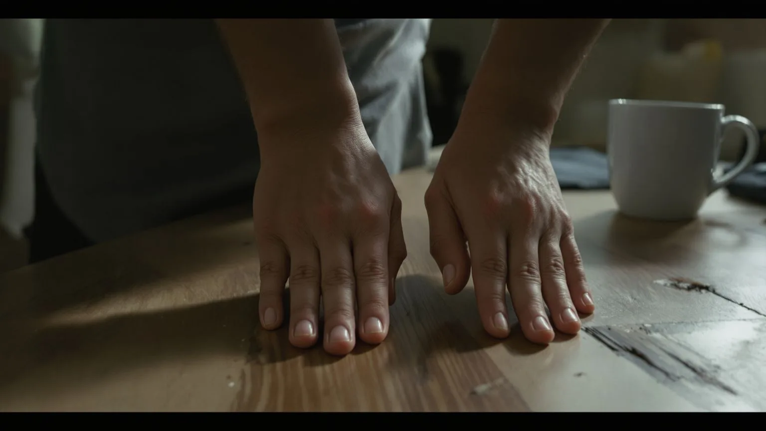 Hands pressing down on wooden table in body-based practice for when the mask snaps on