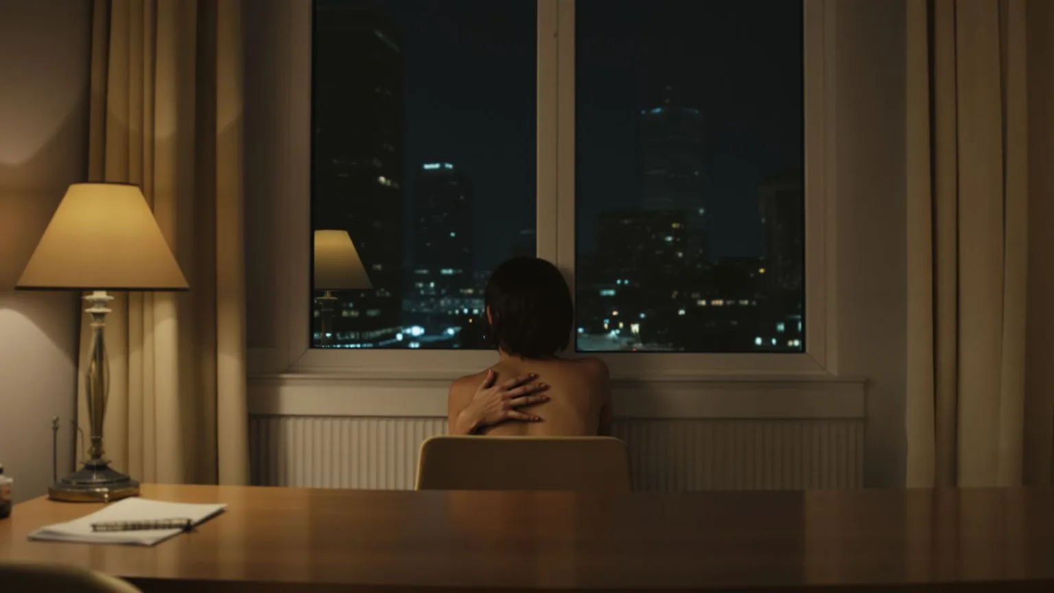 Woman afraid to show real feelings sitting pulled back from desk at night with hand on collarbone in warm lamplight