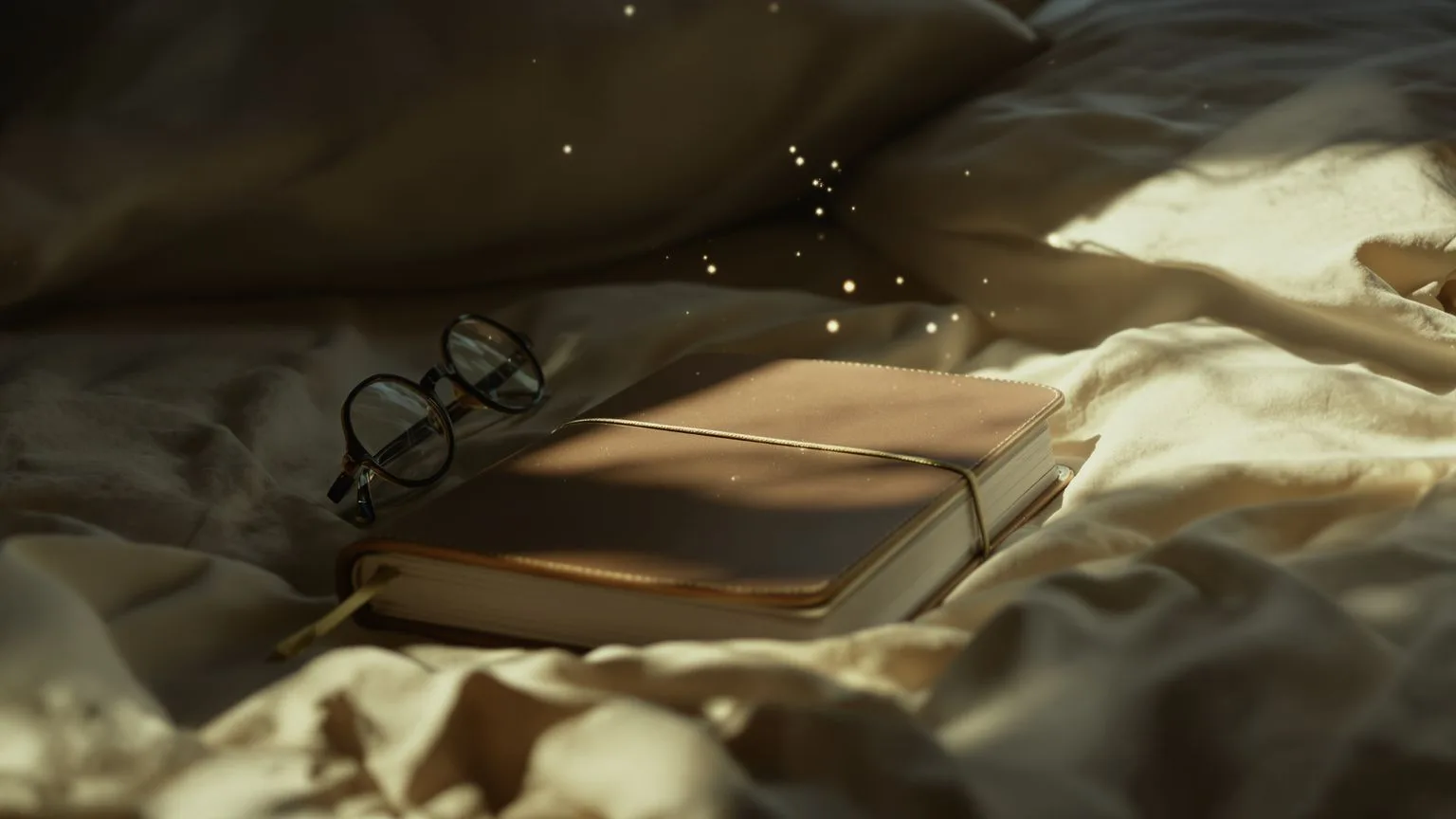 Closed journal on rumpled bed in morning light symbolizing why the mask still feels safer than being seen