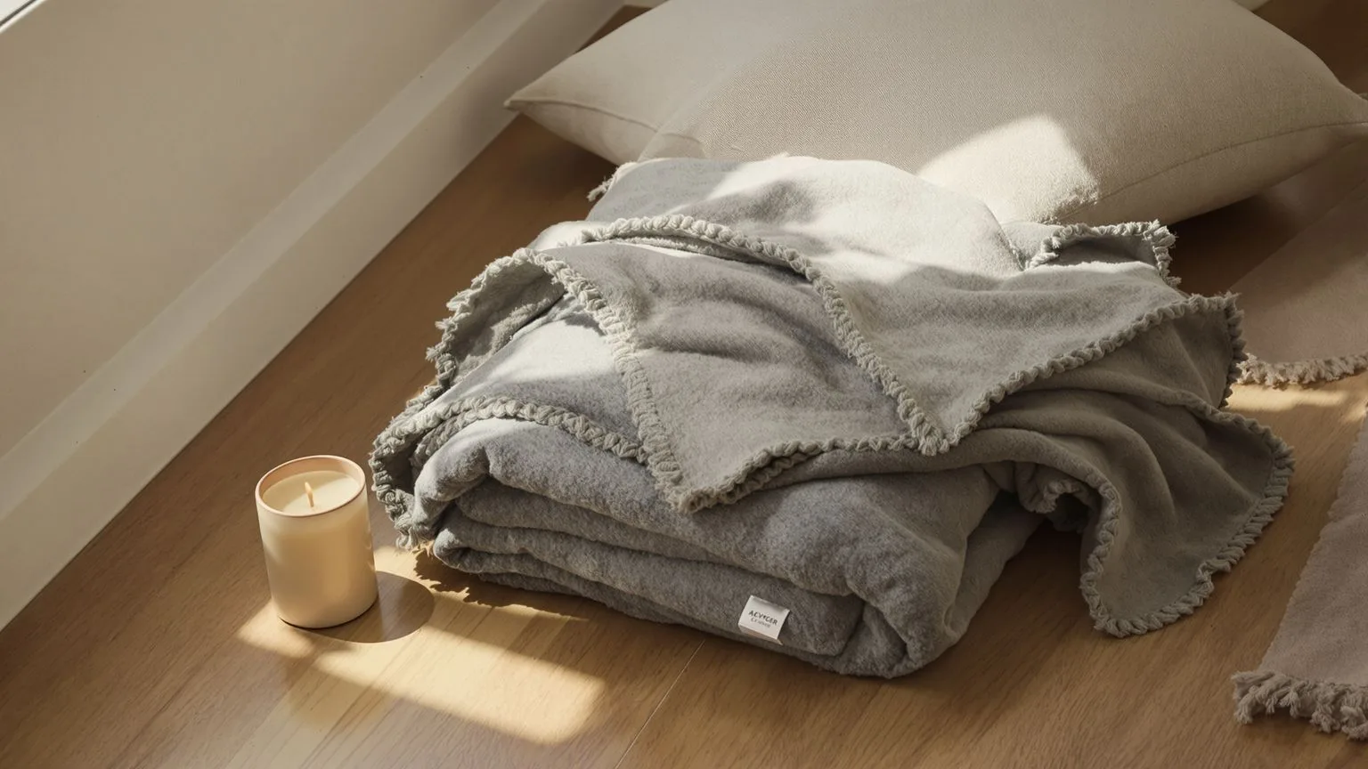 Folded blanket and cushion on wooden floor for the 20-minute Safe Room practice