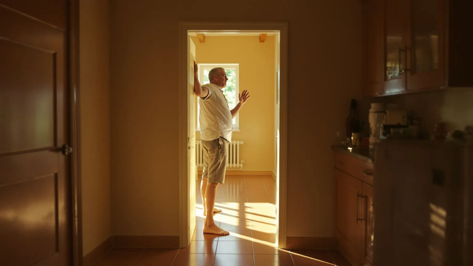 Man pausing in kitchen doorway with tense shoulders showing how to stop wearing a mask in daily life