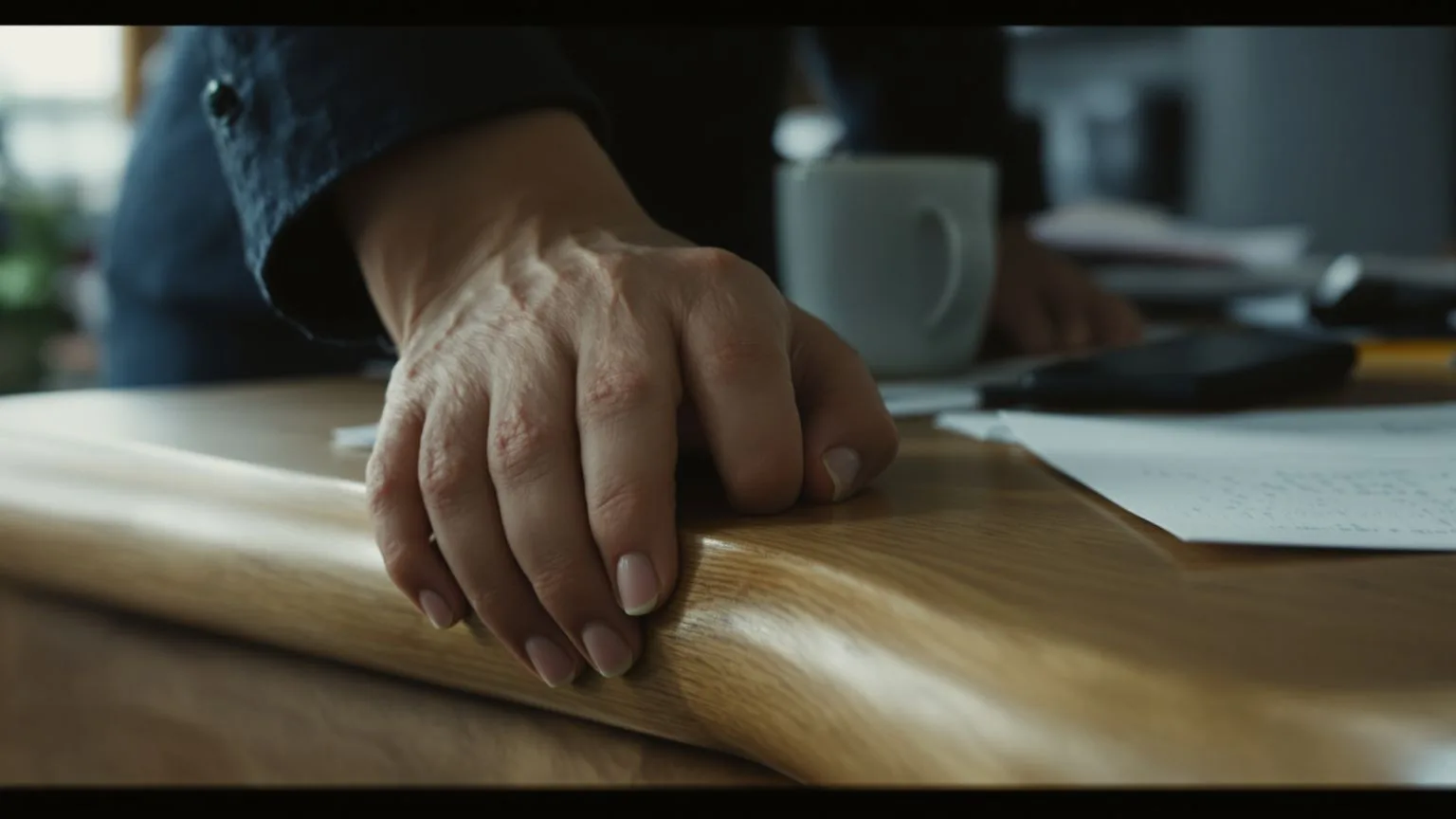 Tense hands gripping desk edge showing the body's real-time sequence when the mask takes over